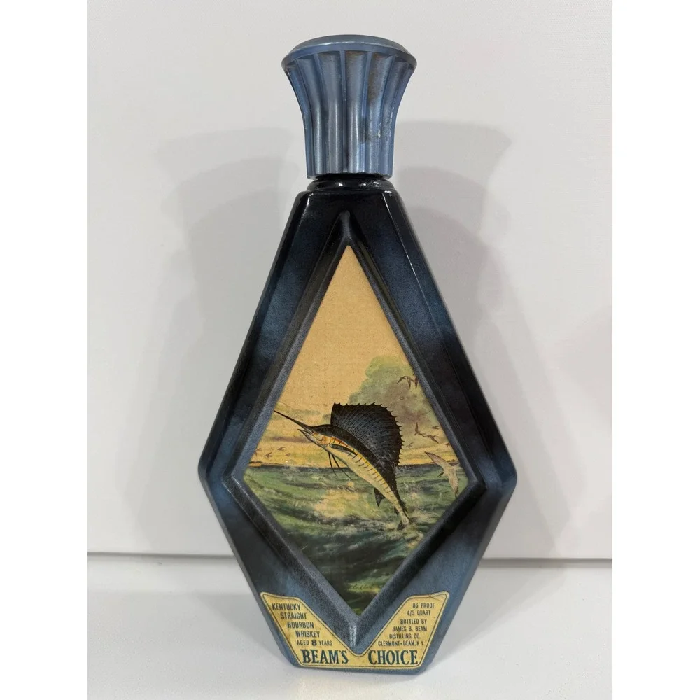 Vintage Jim Beam Decanter Set USS Beam Ship Wheel & James Lockhart Sailfish Art
